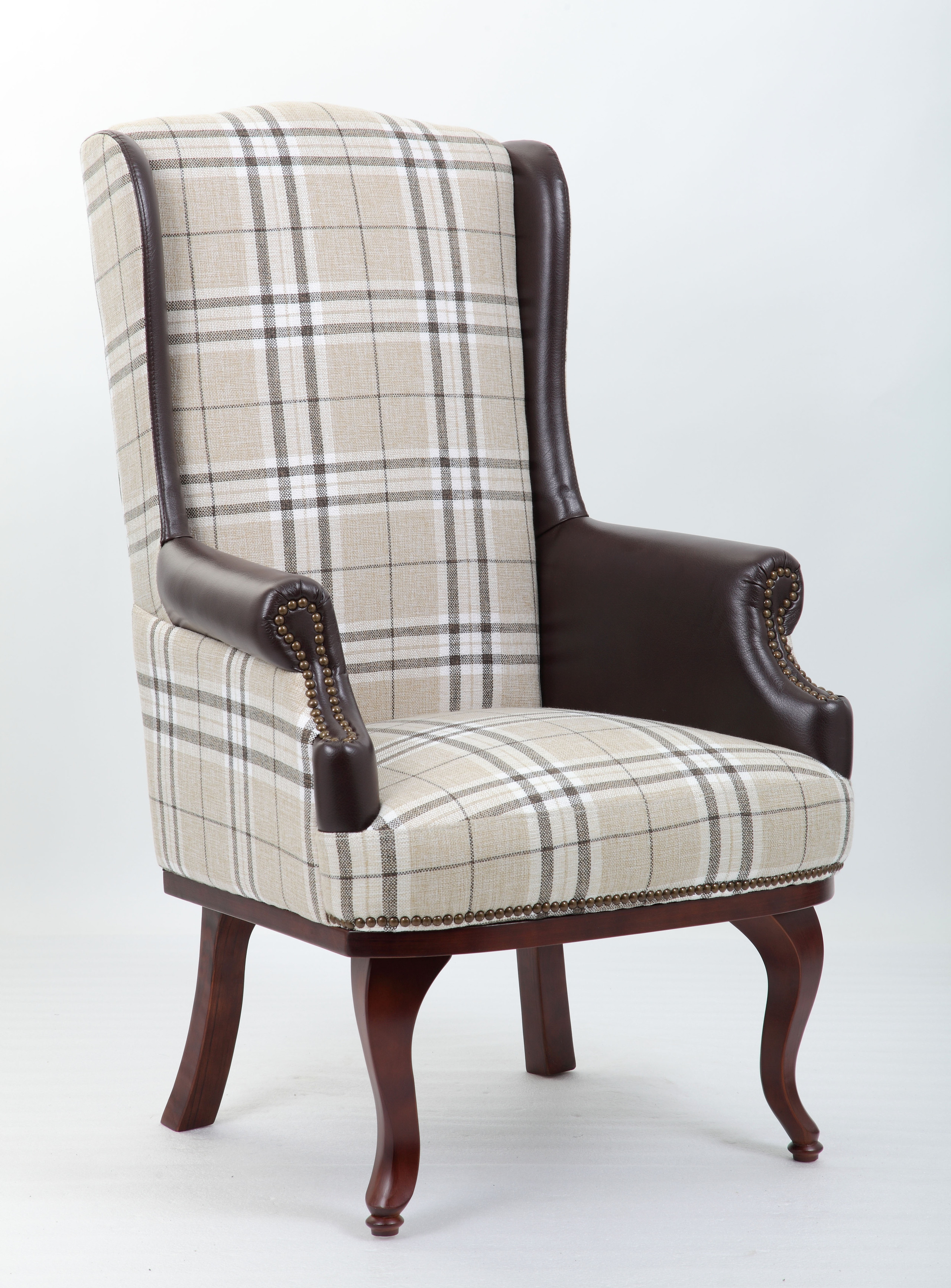 Chesterfield Style High Back Fireside Armchair Burberry Fabric