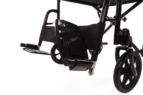 Close-up detail of a folding transport wheelchair footrest and front caster wheel, showcasing durable construction and user-friendly design. The black swing-away footplate features a textured, non-slip surface for secure foot placement, while the sturdy metal frame ensures stability and support. The smooth-rolling front caster wheel enhances maneuverability for indoor and outdoor use. This mobility aid component highlights comfort, safety, and convenience, making it ideal for seniors, patients, and caregivers seeking a reliable, portable wheelchair solution.