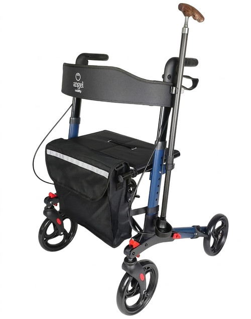 This image features a premium folding rollator walker by Angel Mobility, shown from a rear angled perspective to highlight its practical design and added accessories. The lightweight yet durable blue metal frame supports a comfortable padded seat and a branded backrest for user support. A large, removable storage bag with a reflective strip sits beneath the seat, providing secure space for personal belongings.
The rollator is equipped with four smooth-rolling wheels, ergonomic handles with hand brakes, and a compact folding mechanism for easy transport and storage. Additionally, it includes a convenient walking stick holder, shown with a cane attached, making it ideal for users who require multiple mobility aids. Designed for both indoor and outdoor use, this versatile rollator enhances independence, safety, and comfort for seniors and individuals with limited mobility.