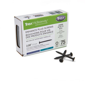 Box of Trex Enhance Plug Screws 2 inch - 75 count with sample screws displayed Box of Trex Enhance Plug Screws 2 inch - 75 count with sample screws displayed