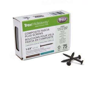 Trex Composite Fascia Plug Screws 1-3/4" Black - 75 count box with sample screws displayed in front of packaging Trex Composite Fascia Plug Screws 1-3/4" Black - 75 count box with sample screws displayed in front of packaging