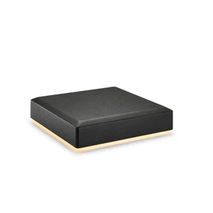A sleek, black square platform is centered against a white background. The platform features a subtle underglow of warm light along its base, creating a floating effect. The design is modern and minimal, with clean lines and a soft matte finish. No visible text, logos, or numbers are present.