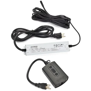An LED driver unit is shown with long power cords and standard plug connectors. The rectangular white driver features printed specifications and icons on its surface. A separate black control module with buttons and dual outlets is connected via a power cord. The setup is displayed on a clean white background, emphasizing the electrical components and wiring.