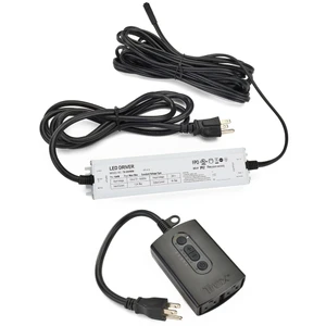 An LED driver unit is shown with long power cords and standard plug connectors. The rectangular white driver features printed specifications and icons on its surface. A separate black control module with buttons and dual outlets is connected via a power cord. The setup is displayed on a clean white background, emphasizing the electrical components and wiring.