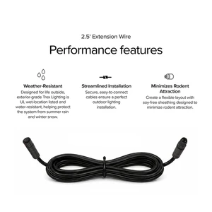 Product image of a 2.5-foot extension wire laid out in a loose coil on a white background. The text above highlights performance features including weather-resistant construction, streamlined installation, and minimized rodent attraction. Simple icons illustrate water resistance, easy connection, and protection from rodents. The overall layout is clean and technical, emphasizing outdoor durability and secure electrical connections.