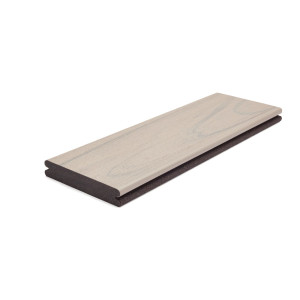 Trex Transcend Lineage Salt Flat grooved-edge composite decking board - cool, soft white finish with subtle grain pattern. Trex Transcend Lineage Salt Flat grooved-edge composite decking board - cool, soft white finish with subtle grain pattern.