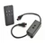 A black wireless remote control is shown next to an inline electronic connector module on a white background. The remote features several round buttons with power and brightness icons, suggesting lighting or device control functions. The module includes two circular buttons, indicator lights, and a cable with waterproof-style connectors at each end. The clean studio setting emphasizes the product details and modern, minimal design.
