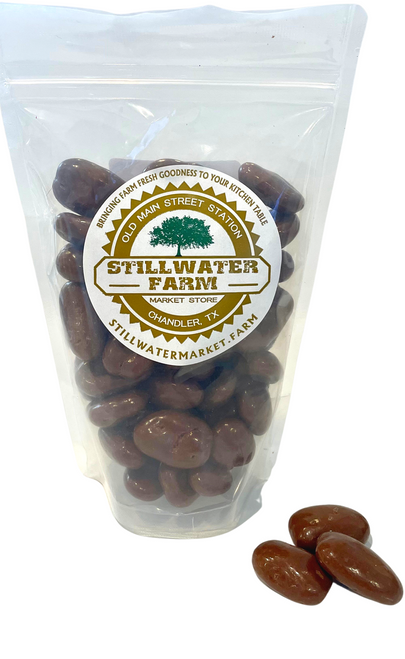 front view 12oz bag of milk chocolate covered pecans front view 12oz bag of milk chocolate covered pecans