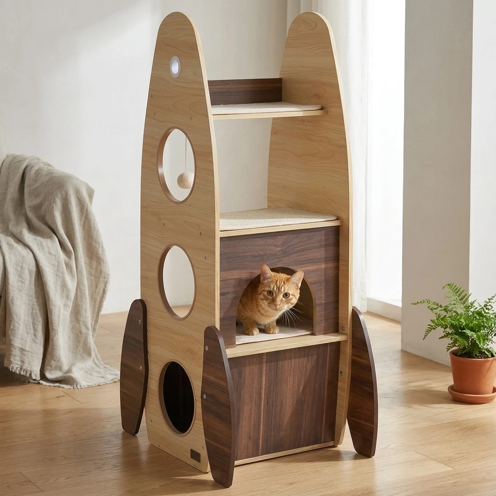47 Inch Rocket-Shaped Cat Tree with Semi-Enclosed Condos