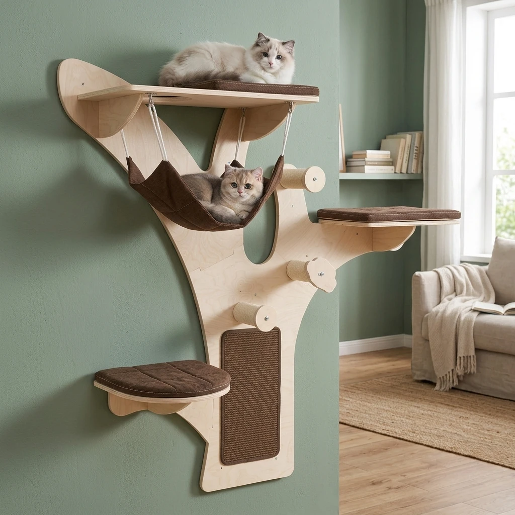 59 Inch Wall-Mounted Cat Tower with Top Perch and Scratching Mat