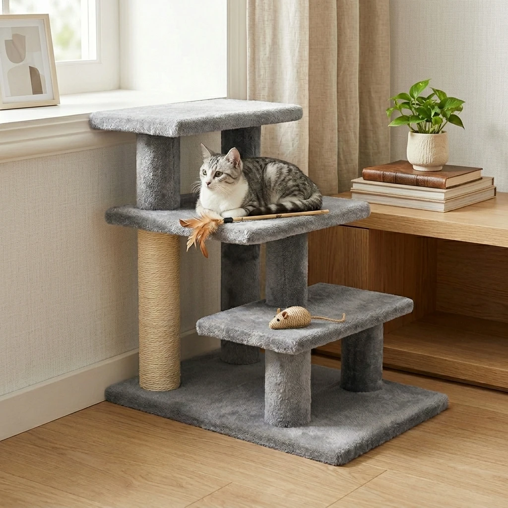 3-Tier Plush Cat Stairs with Sisal Scratching Posts for Beds and Sofas
