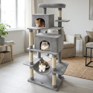 70-inch tall cat tower for large cats with dual condos and hammock - CatsPlay.com