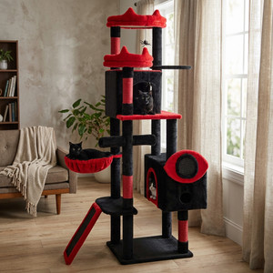 62-inch gothic large cat tower with dual condos, hammock, and sisal ramp - CatsPlay.com