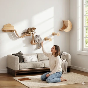 Solid plywood and beech wood cat wall shelves set with hammock and bridge - CatsPlay.com