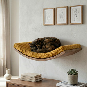 Crescent cat wall shelf with plush cushion, wood base - CatsPlay.com
