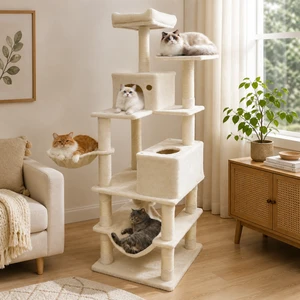 66-inch multi-level cat tower with 2 condos and 2 top perches - CatsPlay.com