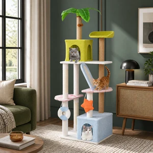 71-inch beach-themed cat tower with 2 dual-entry condos and teddy plush - CatsPlay.com