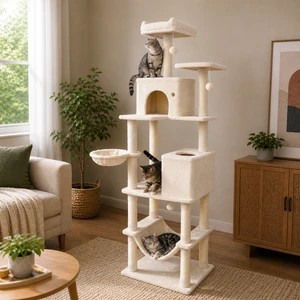 80-inch tall cat tower with 2 large condos and dangling toys - CatsPlay.com