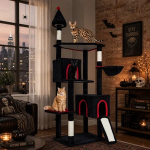 75-inch gothic cat tower with 2 condos and basket perch for large cats - CatsPlay.com