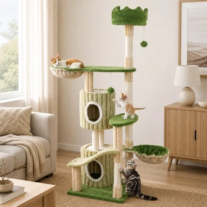 63-inch multi-level cat tower with 2 condos and 2 hammocks in green - CatsPlay.com
