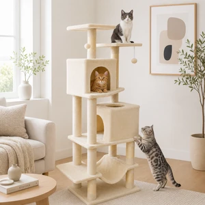 57-inch cat tree with dual condos, hammock and dangling toys - CatsPlay.com