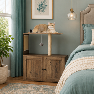 Cat litter box enclosure with perch and sisal post 34.5 inch gray - CatsPlay.com
