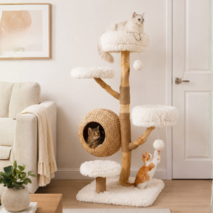 5-tier cat tower woven cattail condo pear wood white - CatsPlay.com