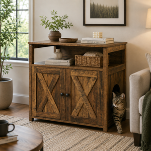 Cat litter box enclosure double barn doors side entry oak storage - CatsPlay.com