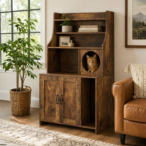 Modern industrial cat litter box enclosure with open display shelves - CatsPlay.com