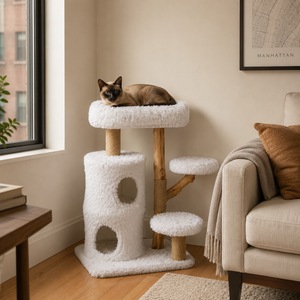 Modern solid wood cat tree 30 inch with real pear wood branches and large top perch - CatsPlay.com