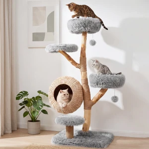 53" Solid Wood Cat Tower with Woven Condo
