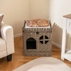 Foldable 2-tier rattan cat litter box enclosure - CatsPlay.com