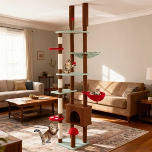 Floor-to-Ceiling Mushroom Cat Tower, Adjustable 81.5 inch-109 inch - CatsPlay.com