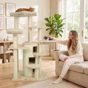68 inch Rubber Wood Cat Tower with 3-Story Condo and Wide Top Perch - CatsPlay.com