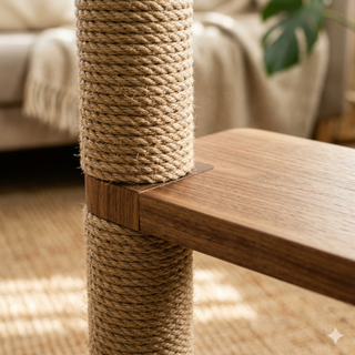 Close-up of sisal-wrapped post meeting a solid wood platform showing premium craftsmanship