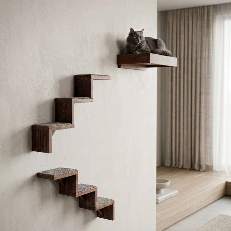 Artisan Made - (2) Floating Cat Wall Stairs + (1) Floating Cat Wall Bed