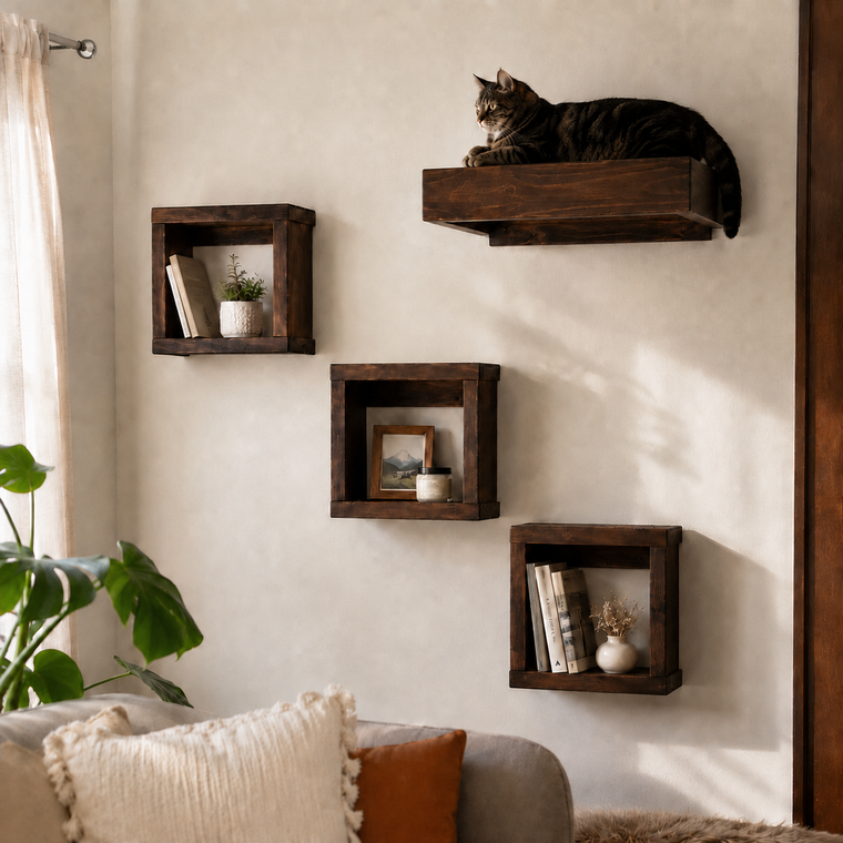 Artisan Made - (3) Floating Cat Wall Cubes + (1) Cat Wall Bed