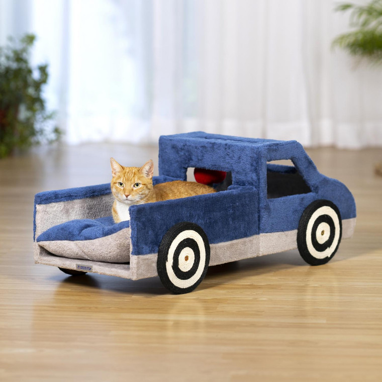 Cozy Blue Pickup Truck Cat Bed and Scratcher