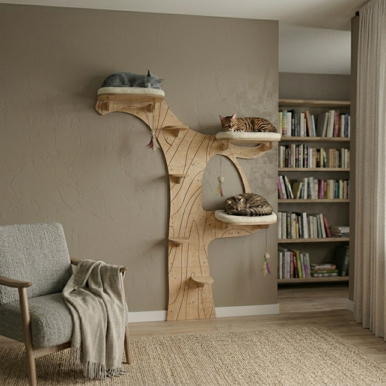 Wall Tree Cat Climbing System — large wall-mounted cat tree with cushioned perches and engraved wood grain finish