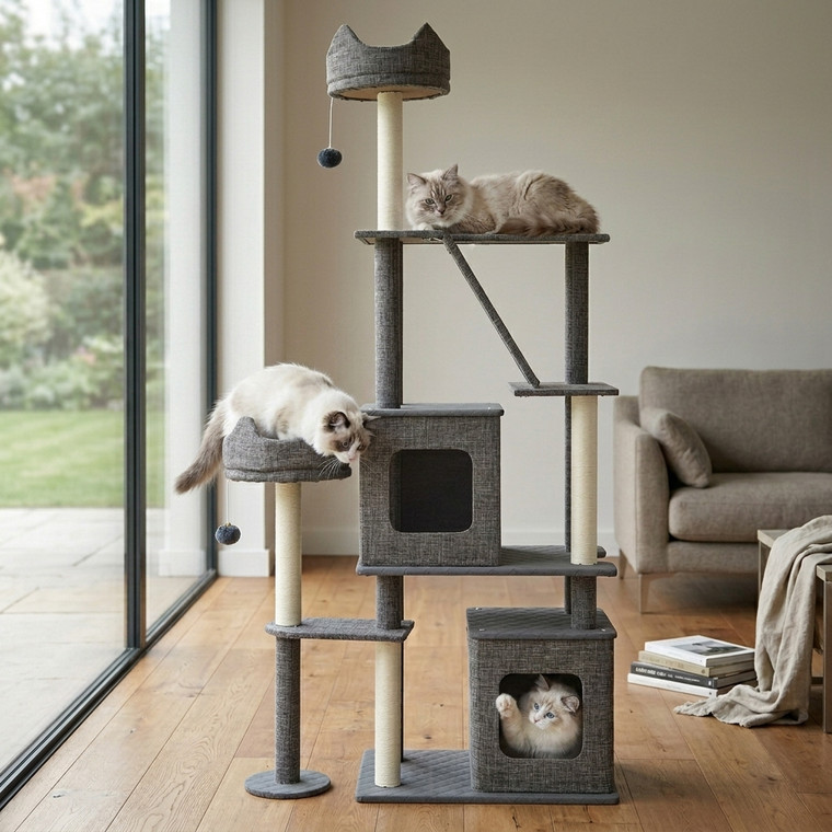 71-inch multi-level large cat tower with dual condos and top perch - CatsPlay.com