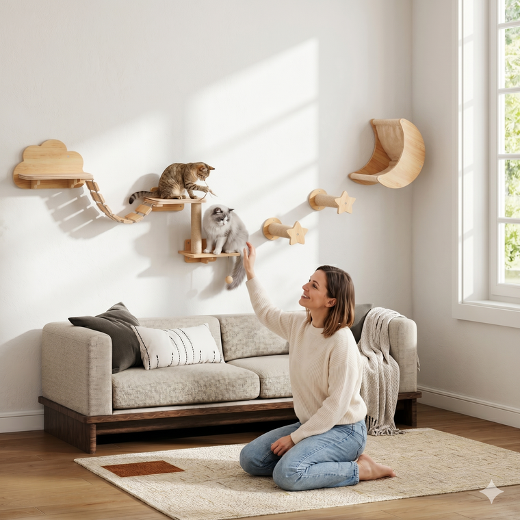 Solid plywood and beech wood cat wall shelves set with hammock and bridge - CatsPlay.com