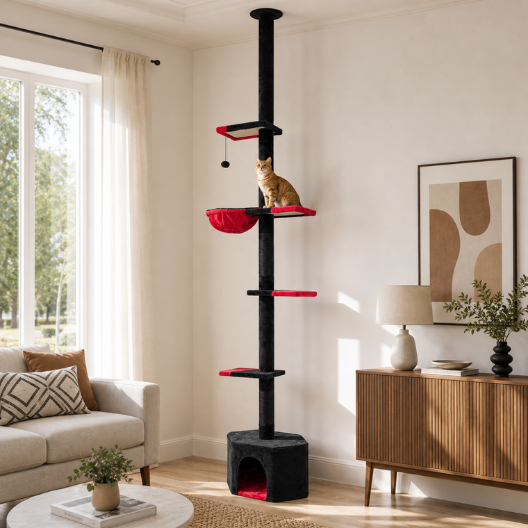 Floor-to-ceiling gothic cat tower adjustable 97-118 inches - CatsPlay.com