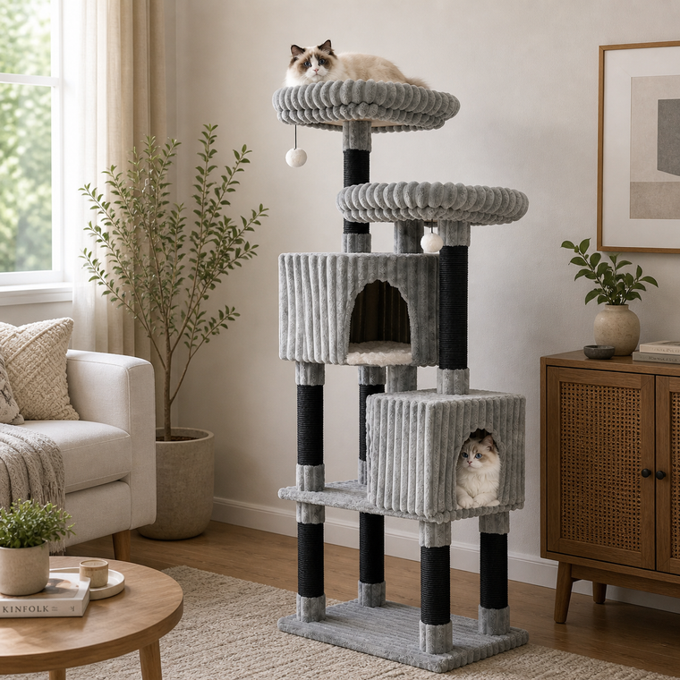 62-inch cat tower with flannel covering and washable perch beds - CatsPlay.com
