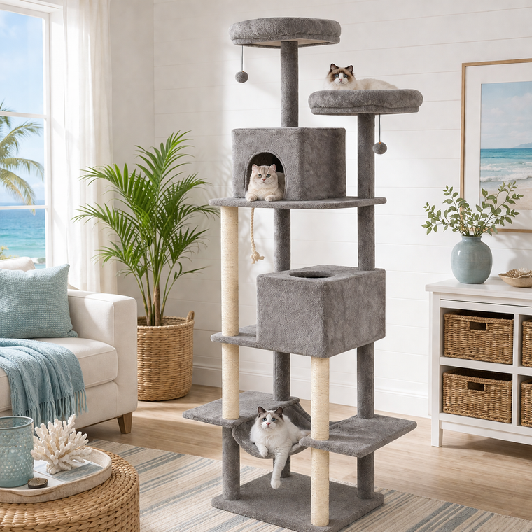 84-inch large cat tower with wide base, 2 condos and 2 plush perches - CatsPlay.com