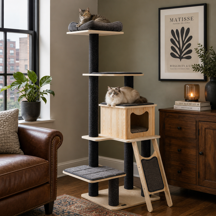 69-inch pine and birch wood cat tower with washable cushions - CatsPlay.com