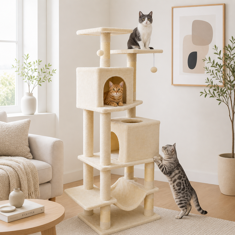 57-inch cat tree with dual condos, hammock and dangling toys - CatsPlay.com