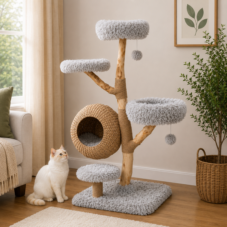 5-tier cat tower woven cattail condo pear wood gray - CatsPlay.com