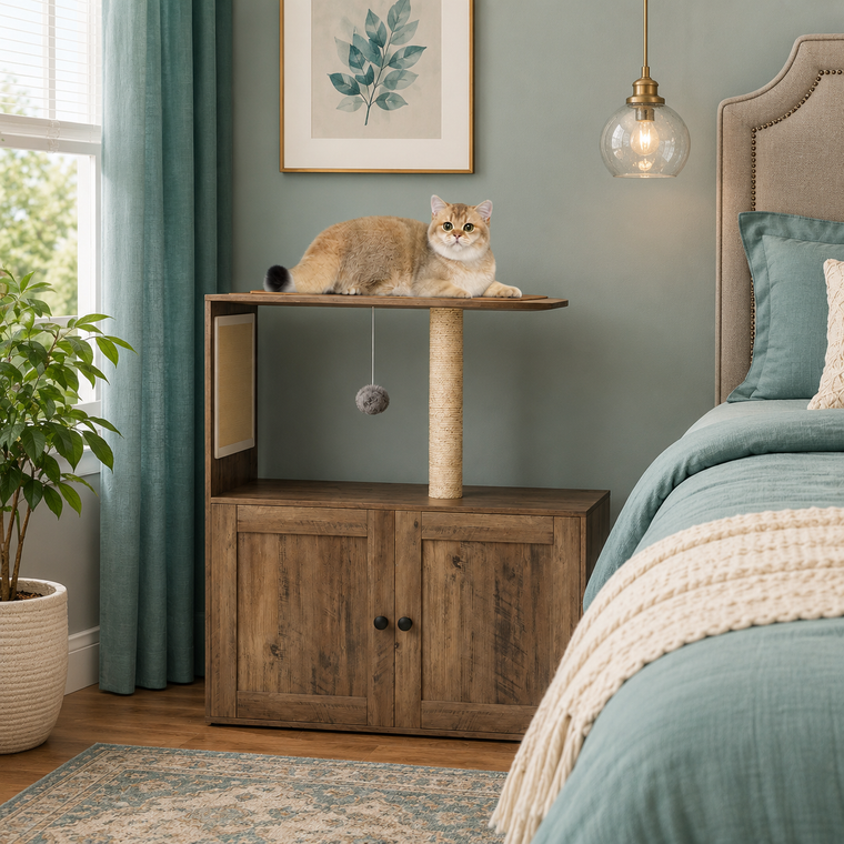 Cat litter box enclosure with perch and sisal post 34.5 inch gray - CatsPlay.com