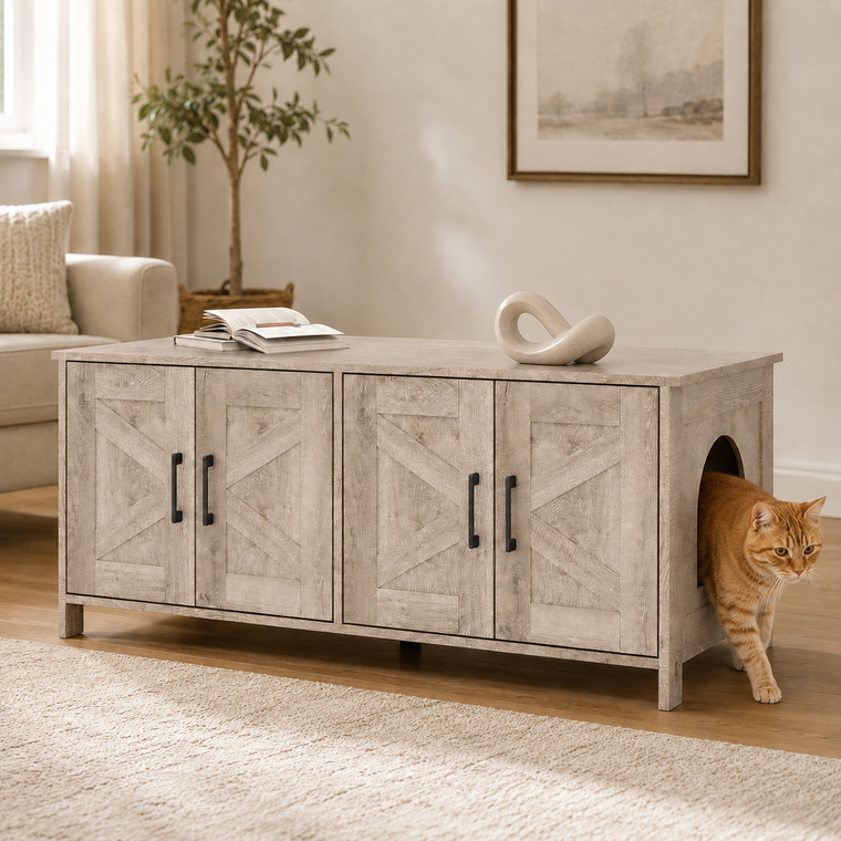Modern hidden cat litter box enclosure for 2 cats oak console - CatsPlay.com
