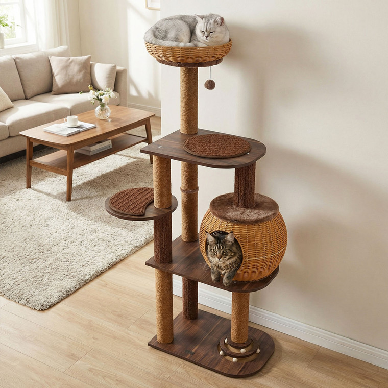 59.5 inch multi-level cat gym with rattan condo - CatsPlay.com